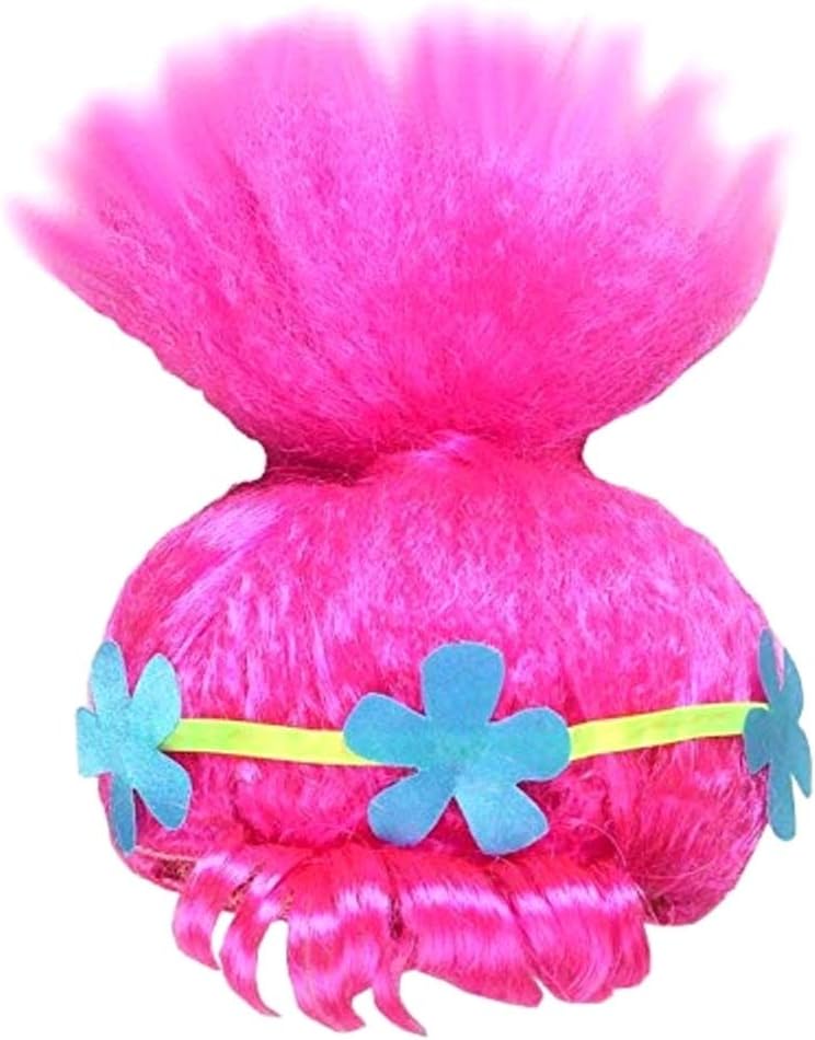 Poppy Wig of Trolls Carnival Costume Fuchsia Color with Blue Flowers Frize Hair Accessory Ideas Dressing Girls Cartoon Birthday Gift Christmas Cosplay