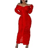 Yuopeid Women's Elegant Long Sleeve Off Shoulder Mesh Wavy Ruffle Front Slit Bodycon Maxi Beach Party Cover Up Dress