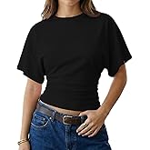 Cioatin Women Short Sleeve Ruched Cinched Waist Crop Tee Tops Y2K Vintage Clean Fit Round Neck Tshirt Casual Going Out Summer