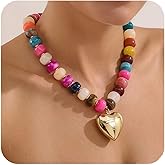 HUAYUNFANG Chunky Beads Necklace for Women Trendy Gold Puffy Heart Choker Necklace Colorful Resin Beaded Heart Pendant Necklaces Statement Jewelry