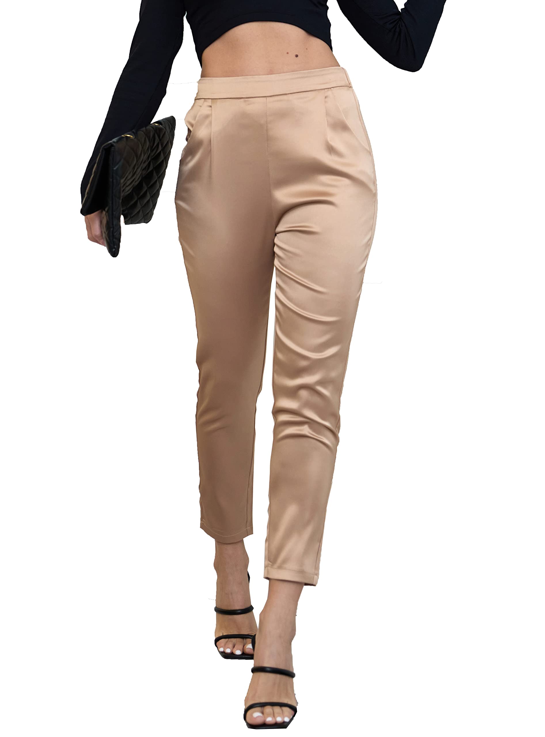 Photo 1 of heipeiwa Women's Satin Pants Dress Casual Pleated Pull on High Waist Pants Baggy Front Tapered Trouser