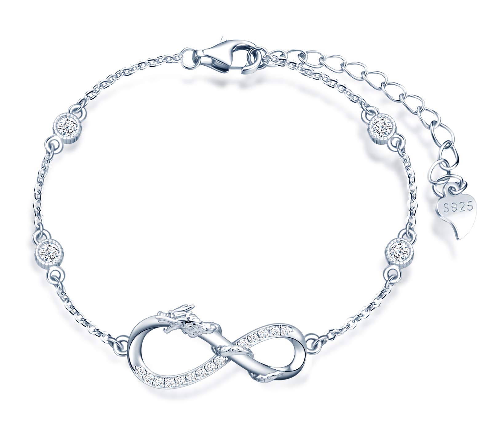 MicLee Woman's girl's Bracelet, 925 Sterling Silver bracelet, Lucky Dragon and infinity symbol bracelet, Inlaid with zircon, adjustable chain, Unique design animal bracelet, silver