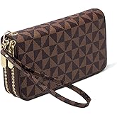 Veki Women's Wallet Double Zipper Pocket Wallets with Wrist Strap, Leather Credit Card Purse for Women Men (Brown)