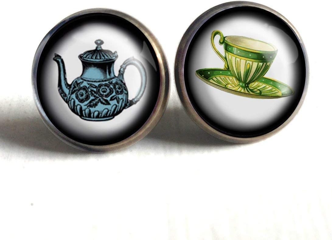 Blue teapot and teacup stud earrings