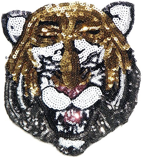 7.5" Head Bengal Tiger Big Cat Sequin Sparkle Patch Iron on Sew Embroidered Applique Fabric Craft Art DIY Decorate Handmade Women Clothing Jacket Vest T shirt Backpack Accessories Gift Collection