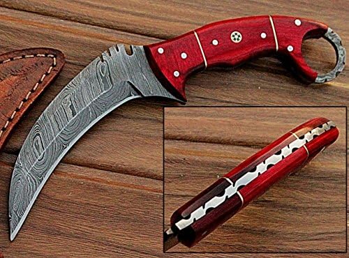 Custom Made Maroon Wood 8.2'' Fixed Blade Hunting Knife 100% Handmade Damascus Hunting Blade With Leather Case