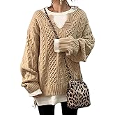 chouyatou Women's Winter Chunky V Neck Long Sleeve Loose Cable Knit Sweater Pullover