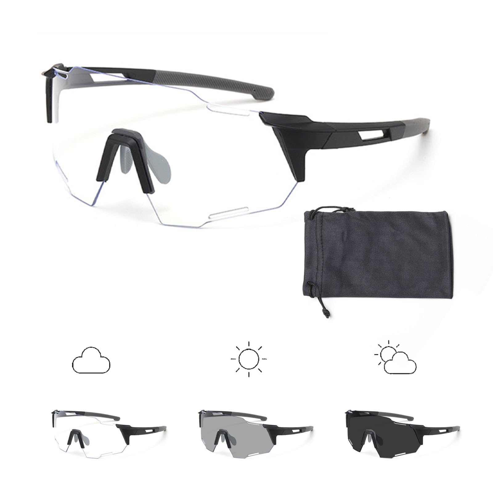 SSKHE Cycling Glasses, Self-Tinting Sunglasses with Case, UV-Dependent Color Change, UV400 Protection Ski Goggles Outdoor Bicycle Motorbike Driving Fishing Hiking (Black/Gray)