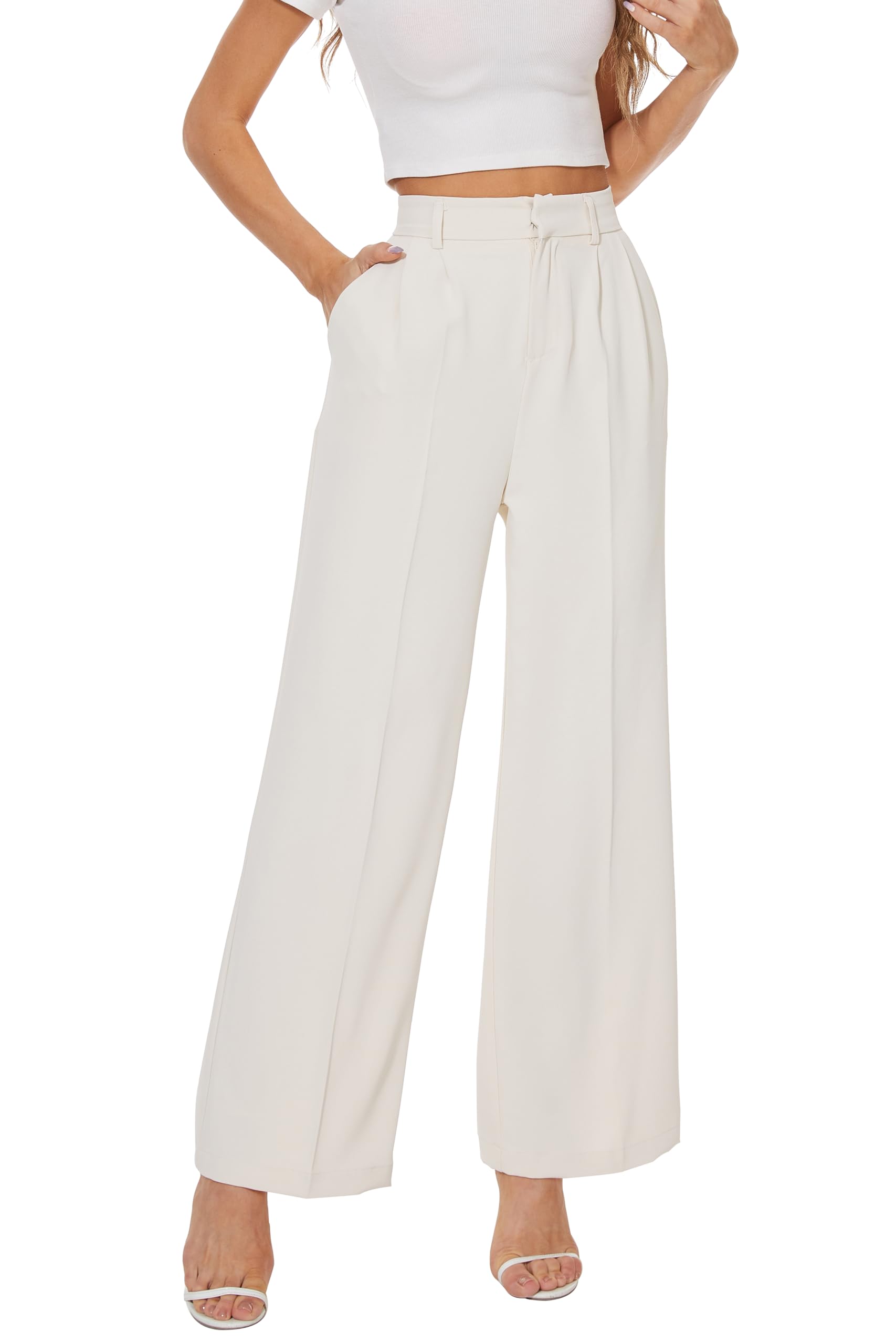 Photo 1 of ** UNKNOWN SIZE***KICZOY Women's Wide Leg High Waist Pants Loose Fit Back Elastic Waist Pleated Front Trousers for Work Casual Beige