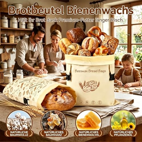 Beeswax Bread Bags, Set of 2, XL, 43 x 33 cm, Reusable Bread Bag for Keeping Fresh, Linen Bread Bag with Removable Beeswax Inliner for Sourdough, Sustainable Bread Storage Including Sponge