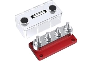 AMOMD 600A High Current Bus Bar Nickel Plated Copper Distribution Block with 4 Studs (3/8 inch) M10 Ideal for Electrical Battery Ground Buss Bar with Cover 300 V AC/12-48 V DC (Red)