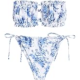ZAFUL Women 2 Piece Strapless Bikini Swimsuits Ruffle Ribbed Self Tie Bandeau Bikini Set High Cut String Bathing Suits