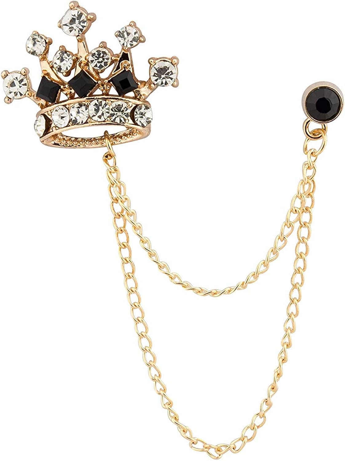 Brooch Lapel Pin for Men Crystal Retro Crown Badge with Hanging Chain Lapel Pin Badge Coat Suit Wedding Gift Party Shirt Collar Accessories