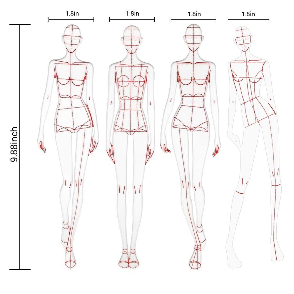 EXTCCT Fashion Drawing Template Ruler Set, Woman Sewing Humanoid Patterns Design, Clothing Measuring French Curve Rulers A4 Pattern Paper Draft Drawings