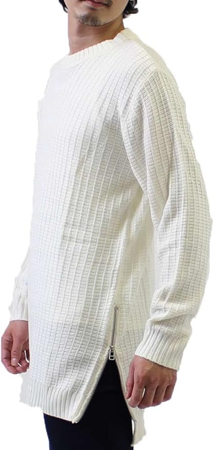 Amazon ニット セーター メンズ 長袖 ロング丈 クルー Uネック 編み 無地 アメカジ モード ビッグシルエット ホワイト Lサイズ セーター 通販