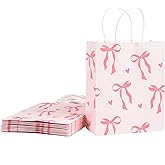 Loveinside Light Pink Bow Paper Gift Bags, Bow Ribbon and Heart Design with Handles Grocery Shopping Bags Candy Goodie Bags for Baby Shower, Birthday, Wedding, Anniversary, 8" x 4" x 10", 12 Pcs