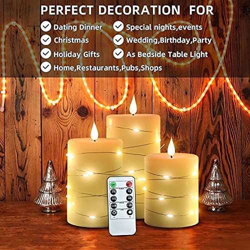 Set of 3 Flickering Flameless Candles with Embedded String Light, Battery Operated Pillar Real Wax 3D Teardrop-Shaped Wick LED Candle Sets with Remote Control Timer