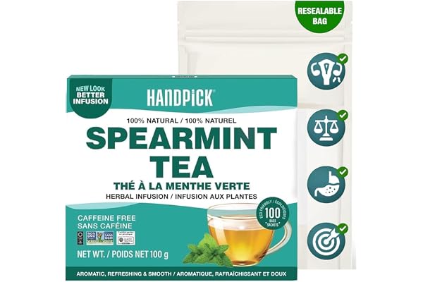 HANDPICK, Spearmint Tea Bags (100 Herbal Tea Bags) | Refreshing Mint Tea | Non-GMO, Gluten Free | Round Eco-Conscious Teabags