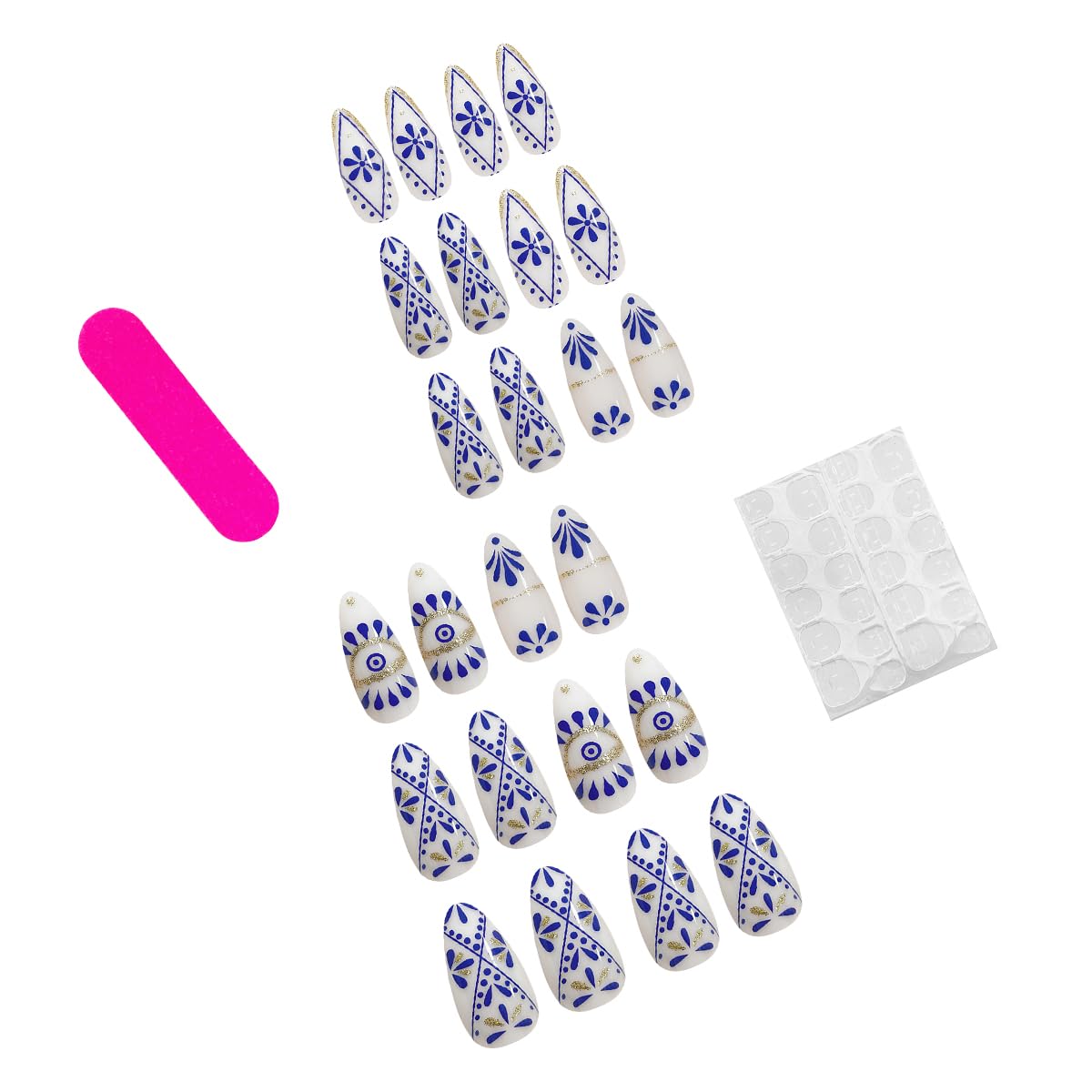 Almond Press on Nails Short Fake Nails with Blue Flower Totem Pattern Designs Almond Nails Press on Acrylic Glue on Nails Sweet Cool False Nails Stick on Nails for Women Gel Fake Nails Kit 24PCS - Image 2