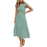ZESICA Women's 2026 Summer Casual Flutter Short Sleeve Crew Neck Smocked Elastic Waist Tiered Midi Dress