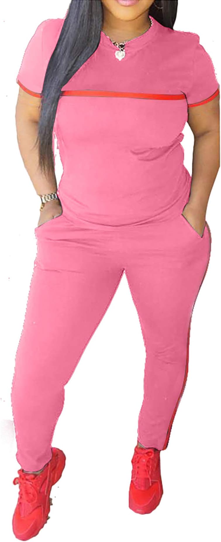 Women 2 Pieces Outfits Short Sleeve Top and Long Pants Sweatsuits Set Tracksuits