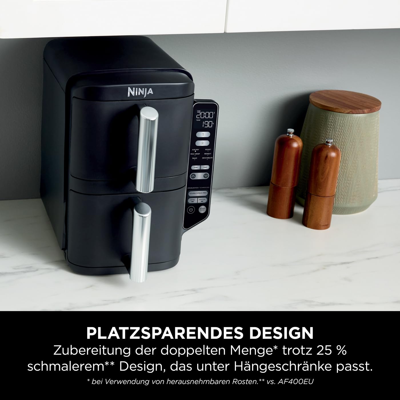Ninja Double Stack Heißluftfritteuse, 7,6L Digitale Air fryer Doppelkorb mit 4 Kochstufen, 2 Schubladen, 2 Gestelle, platzsparendes Design, 6 Kochfunktionen, 6 Portionen, Schwarz SL300EU 3