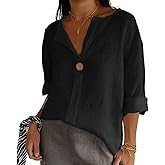 TERIVEEK Summer Linen Shirts for Women Button Down V Neck 3/4 Sleeve T-Shirt Blouse Casual Loose Basic Solid Tunic Tops 2025 Black