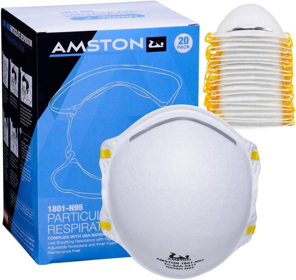 Amston N95 Disposable Dust Masks (20 pack) CDC/NIOSH-certified Particulate Respirators Personal Protective Equipment for Construction, Home, DIY Projects, Allergy, Pollution, Mowing