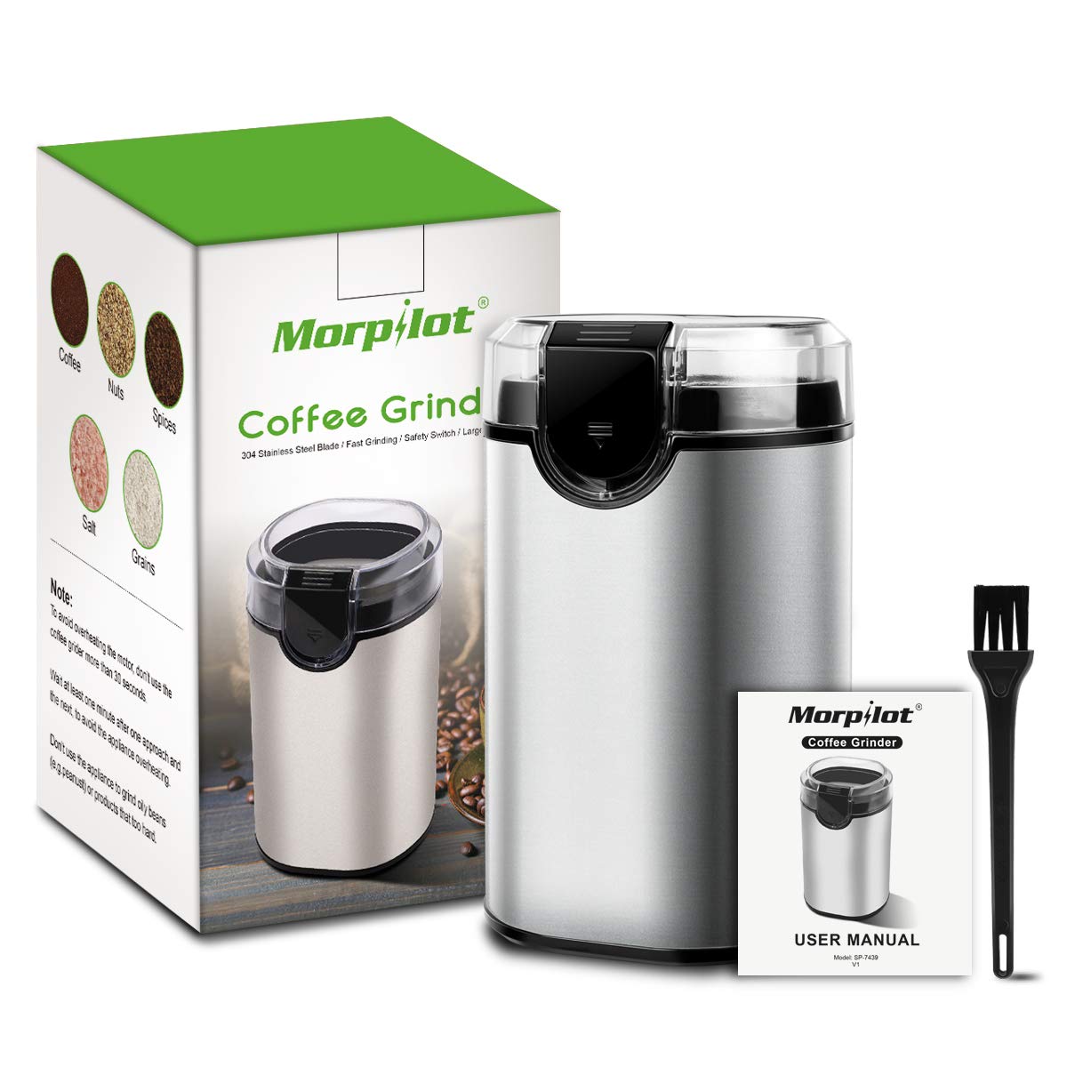 Electric Coffee Grinder with 304 Stainless Steel Blades for Coffee Beans, Nuts, Herbs, Grains Spices - Silver