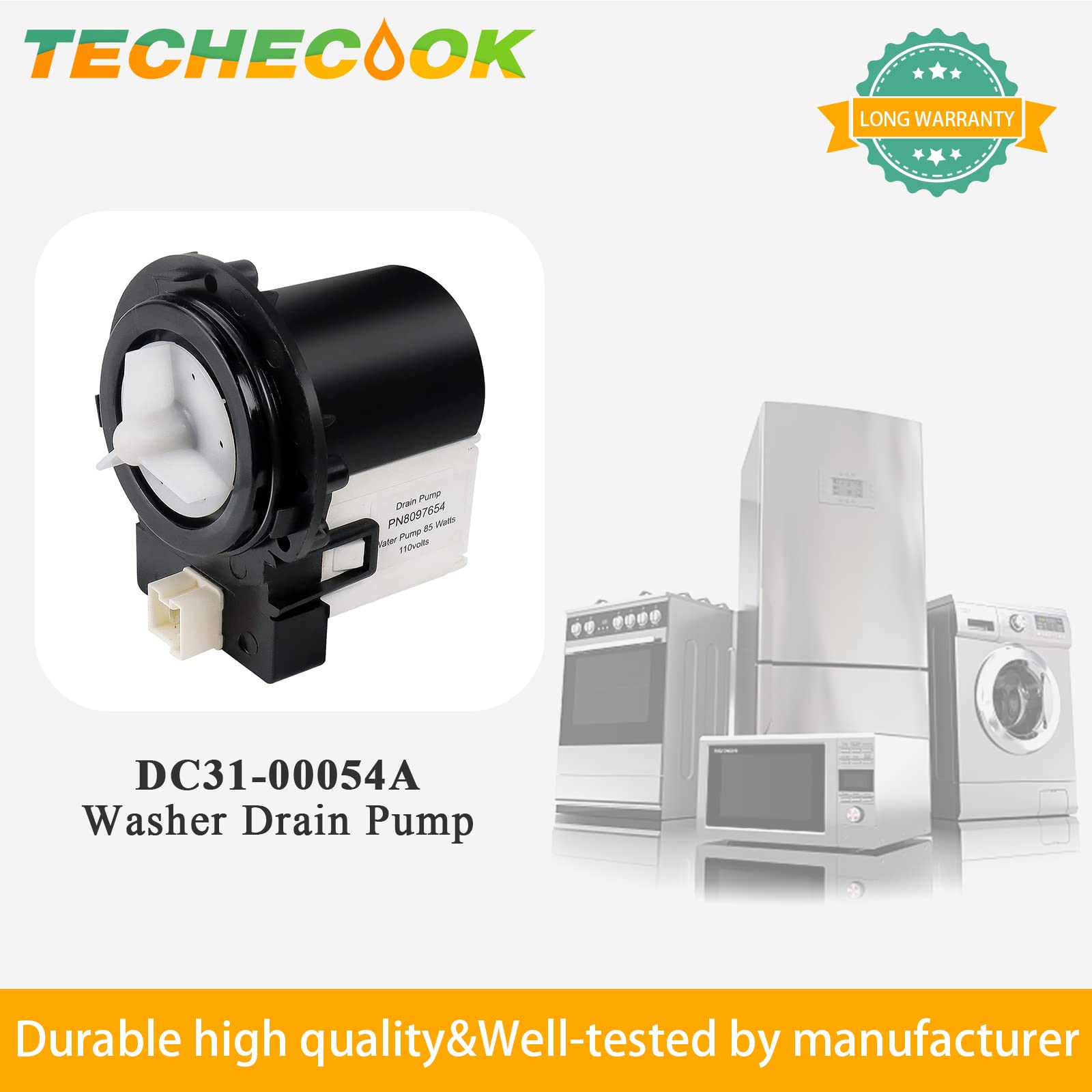 2025 UPGRADED DC31-00054A 62902090 Washer Drain Pump by Techecook (85 Watts 110 Volts) - DC31-00016A Replacement for Samsung Kenmore Washing Machine - Replaces AP4202690 PS4204638-2 YEARS WARRANTY