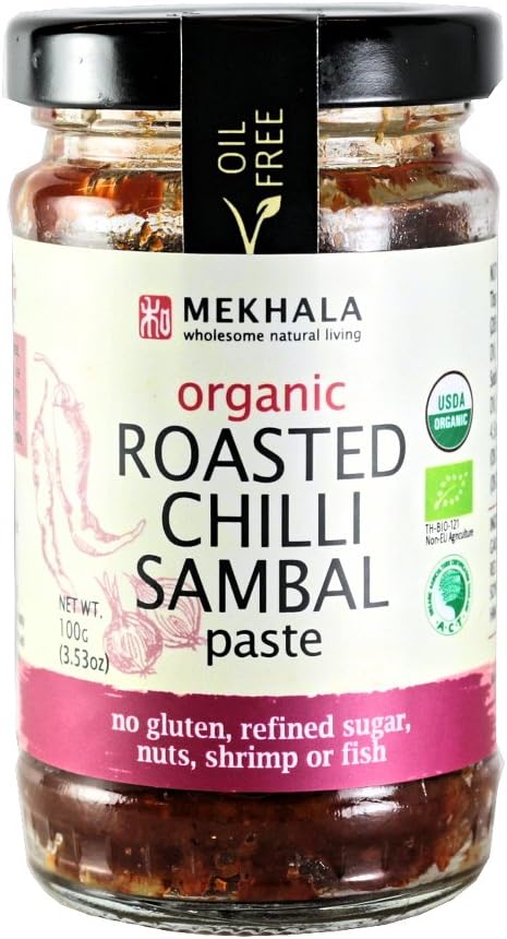 Mekhala Organic Gluten-Free Roasted Chilli Sambal Condiment Paste for Cooking| Asian Vegan Plant Based Sambal Curry Sauce for Marinade, Stir Fry, Vegetables- 3.53oz ( Pack of 6)