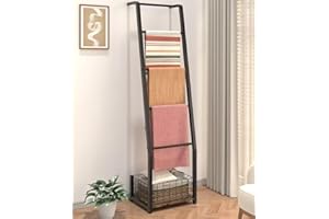 Ansionsol 6.3ft Blanket Ladder with Storage Basket, 5 Tier Decorative Ladder Shelf Stand for Living Room & Bedroom, Wall-Lean