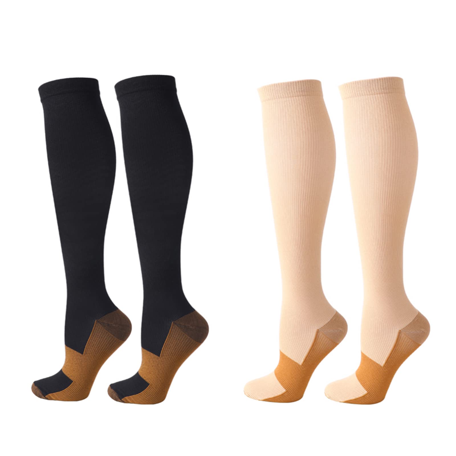 Compression Socks for Women Men, 2 Pairs 20-25mmHg Knee High Socks Compression Stockings for Sport, Athletic, Edema, Diabetic, Varicose Veins, Travel, Pregnancy, Nursing (S/M, Black+Skin)