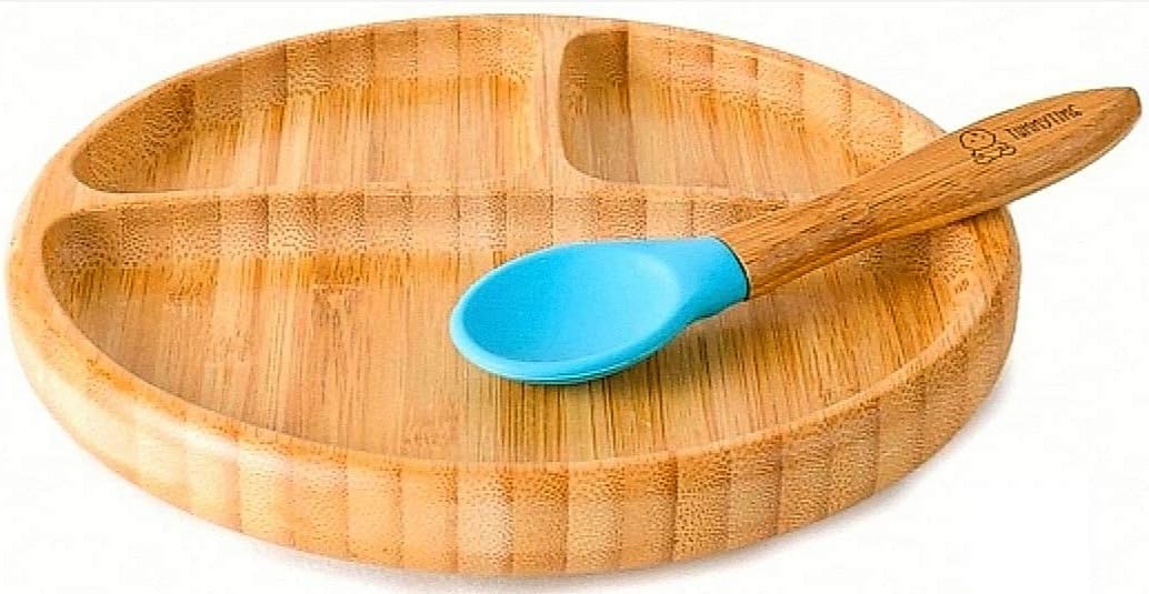 Baby Suction Plate and Matching Spoon Set, Suction Stay Put Feeding Plate Great for Baby LED WEANING, Natural Bamboo (Blue)