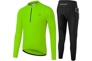 OFF PRND Men's Cycling Jersey 1/3 Zipper Cycling Set Solid Color Club Fit, Long Sleeeves Bike Jersey and Pants Zipper Pocket