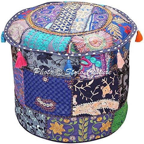 Stylo Culture Round Ottoman Pouffe Large Floor Pouf Cover Navy Blue Indian Embroidered Patchwork Cotton Traditional Pouf Ottoman Cover (22x22x13 Inch) 55cm (COVER ONLY)
