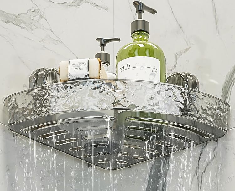 Photo 1 of FLICKIRIT Corner Shower Caddy Suction Cup, Clear Acrylic Shower Basket with Suction Cup Hook, Removable Shower Corner Shelf Organizer Mounted for Wall on Bathroom, Kitchen (Grey)