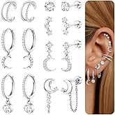 Dochais Flat Back Cartilage Earrings for Women Trendy Dainty CZ Flatback Studs Earing Sets 14k Gold Plated Hypoallergenic Huggie Hoops Earring Stacks for Multiple Piercing