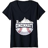 Womens Cincinnati Baseball Skyline Ohio Baseball Player Gift V-Neck T-Shirt
