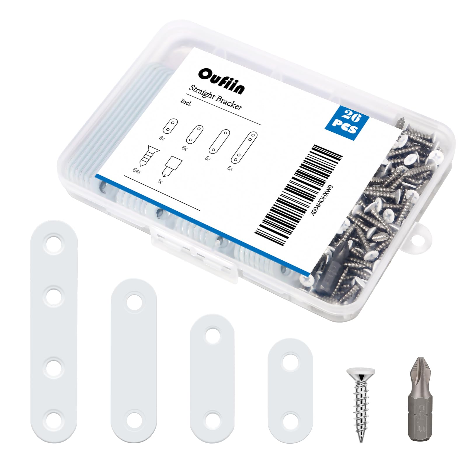 Photo 1 of 26 PCS White Stainless Steel Straight Bracket Flat Brace, 1.4 in / 1.8 in / 2.2 in / 3.0 in Wood Brackets Mending Repair Plate Brace for Bed Frame, Furniture & Shelves, with 64 White Screws and 1 Bit