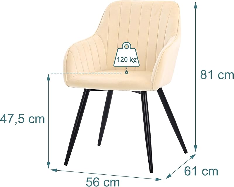 Silla de Comedor, Set 2, Terciopelo, Patas Metal, Brazos, Beige