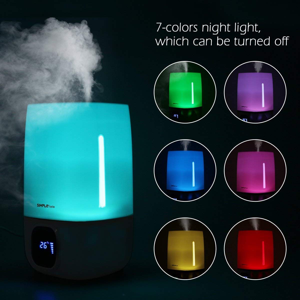 SimpleTaste 4L Ultrasonic Cool Humidifier Aroma Essential Oil Diffuser with LCD Display, 3 Mist Level Control, Timer Setting, and 7 Colors LED Light Whisper-Quiet