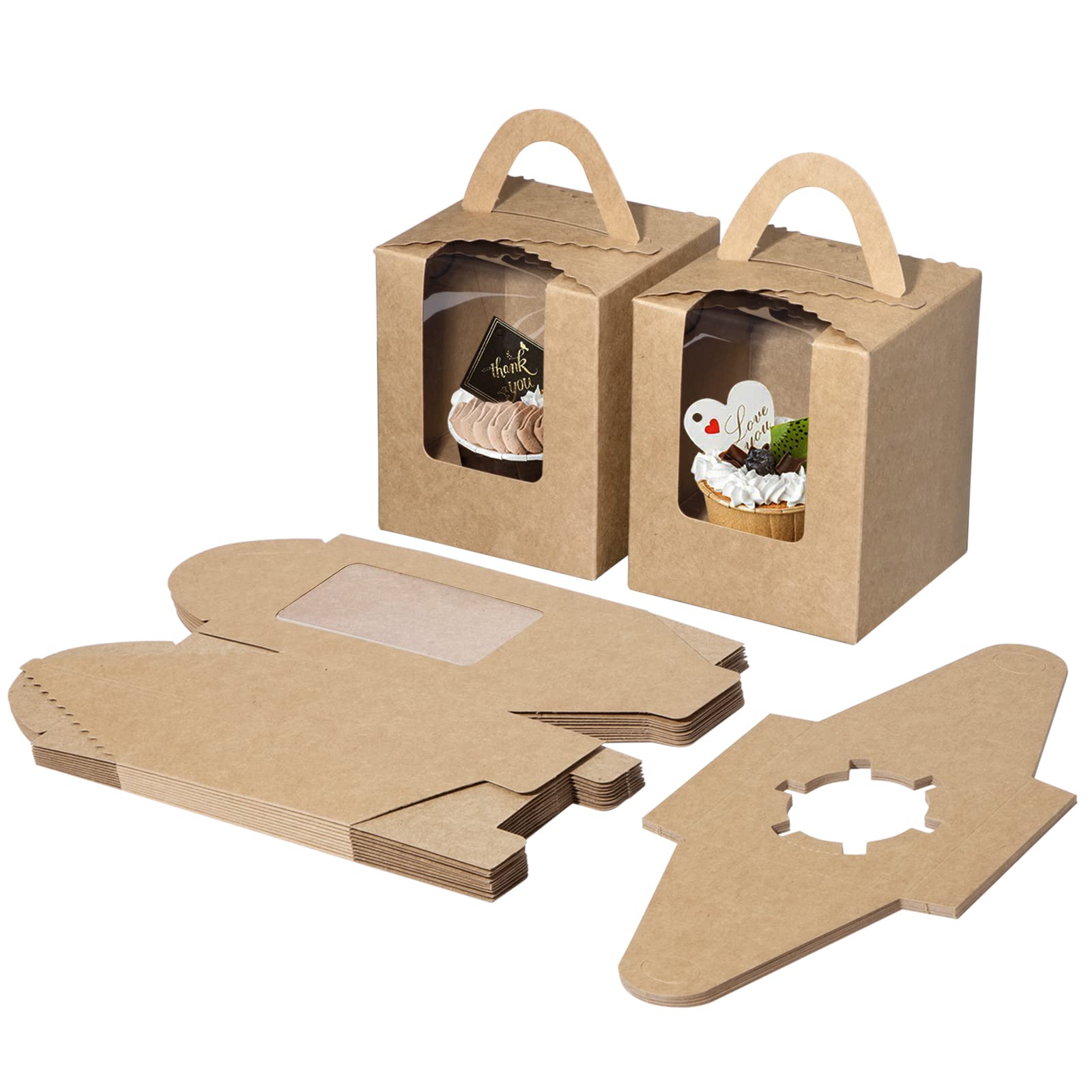 Jeesblsy Cupcake Boxes with Inserts, Kraft Paper Individual Treat Carriers Containers Holders with Window and Handle for Bakery Wrapping Packaging, 12pcs