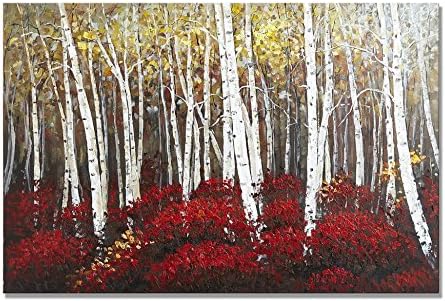 UAC WALL ARTS 100% Hand Painted Colorful Forest Canvas Wall Art White Birch Trees with the Gold Oil Painting for Room Decoration Ready to Hang! 16x24Inch