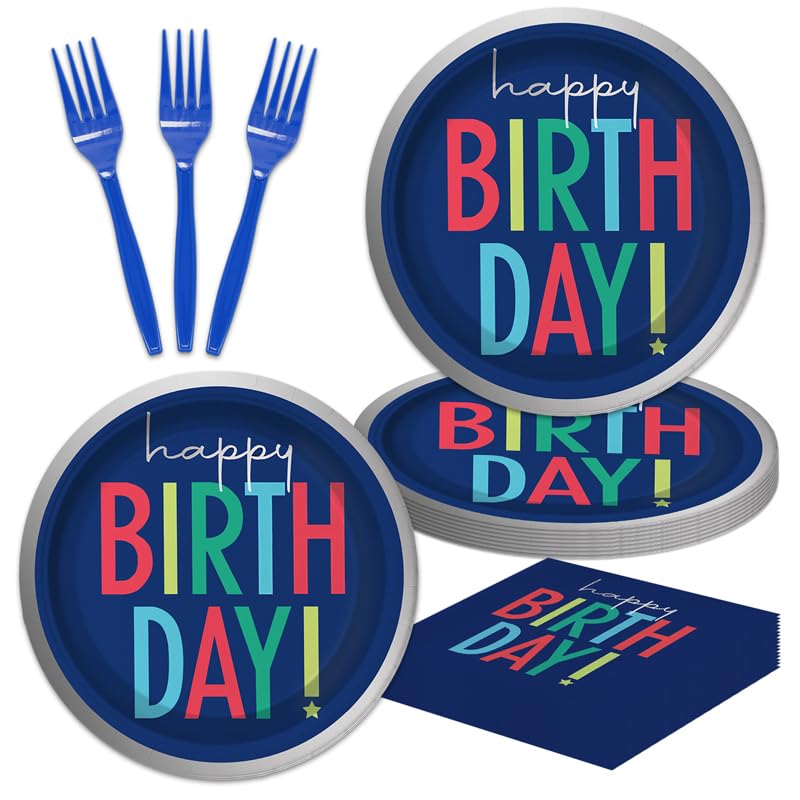 Photo 1 of 48Pcs Blue Happy Birthday Decorations Plates Napkins and Forks Set for 16 Guests - Blue Birthday Party Supplies Baby Shower