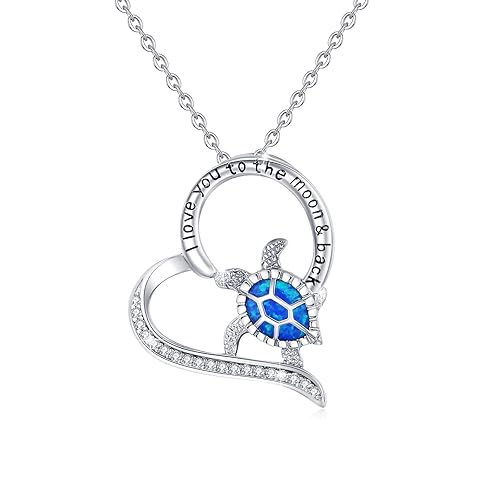 TUGHRA Turtle Necklaces S925 Sterling Silver Heart Necklace Blue Opal Pendant Dainty Sea Turtle Jewelry Gifts for Women Birthday Daily