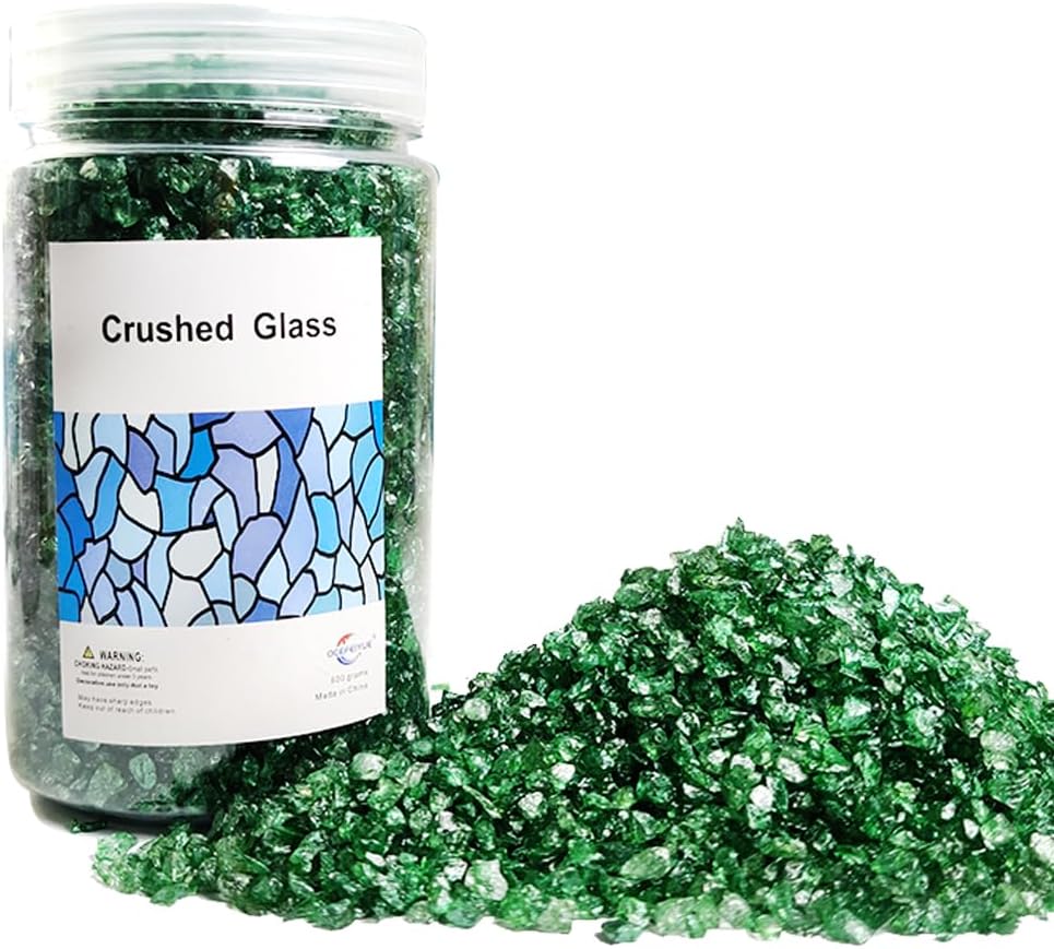 Vase Fillers - Ocefeiyue Green Crushed Glass Broken Glass Pieces Rock Stones for Resin Arts,Crafts,Vase Fillers,Christmas Candle Holder Decorations,15 OZ