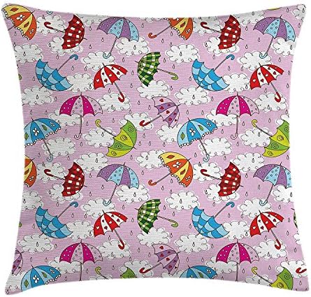 laizhoulianrui Apartment Decor Throw Pillow Cushion Cover, Cute Umbrella Figures in Air with Puffy Rain Clouds Droplets Kids Nursery Theme, Decorative Square Accent Pillow Case, 18 X 18 Inches, Multi