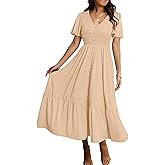 Simplee Womens Summer Smocked Flowy Dress - Casual Flutter Sleeve Tiered Boho Maxi Dresses with Pockets