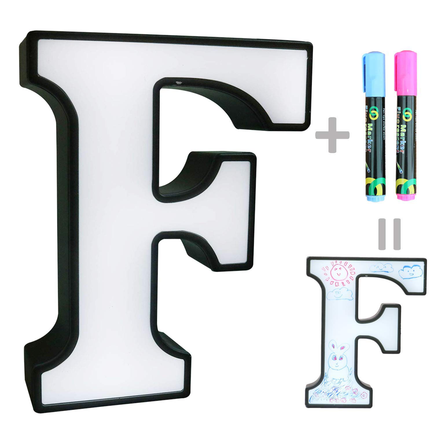 Marquee Letters - Light Up Letter Shaped Doodle Board with 2 Markers for Handwriting Drawing Painting - Funny Toys Gifts Name Sign for Kids Room Home Christmas Store Decoration F